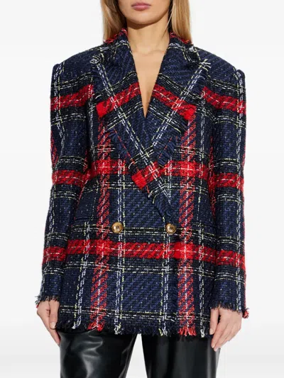 Balmain Fringed Checked Tweed Jacket In Blue