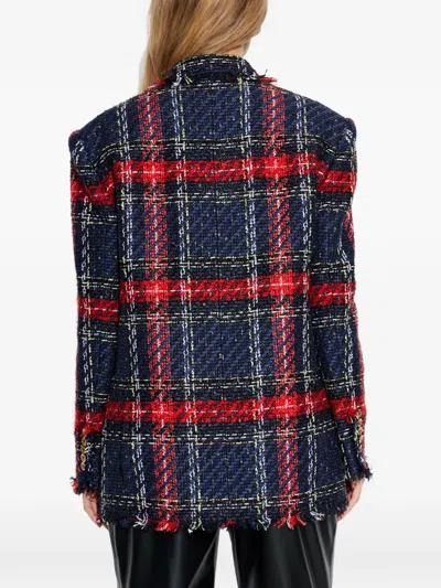 Balmain Fringed Checked Tweed Jacket In Blue