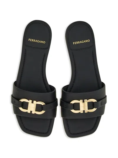 Ferragamo Slide Sandals With Gold-tone Metal Hardware In Black