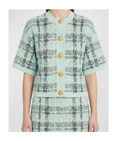 Balmain Checked Button-up Cardigan In Blue