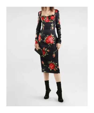 Dolce & Gabbana Rose-print Satin Long-sleeve Midi Dress In Black