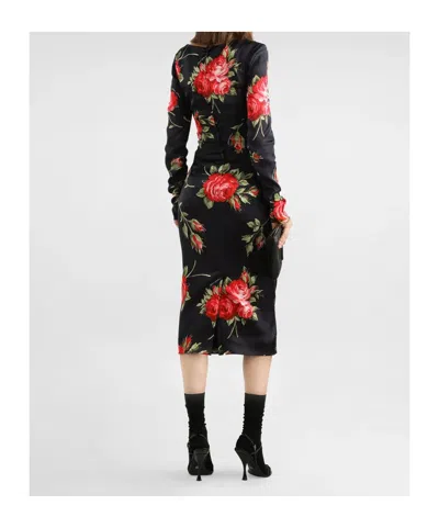 Dolce & Gabbana Rose-print Satin Long-sleeve Midi Dress In Black