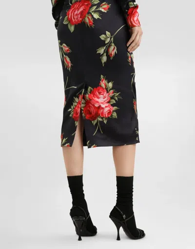 Dolce & Gabbana Rose-print Satin Long-sleeve Midi Dress In Black