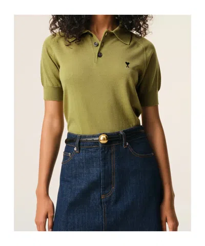 Ami Alexandre Mattiussi Green Wool Short Sleeves Ami De Coeur Polo Green