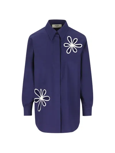 Fendi Poplin Shirt With Cut-out Details In Blue