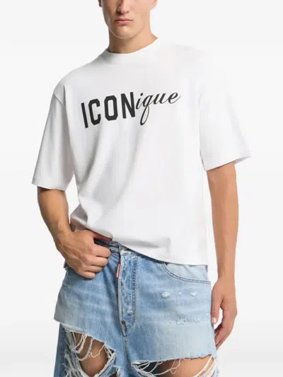 Dsquared2 Men White Crew Neck T-shirt With Raised Collar And Maxi Logo On The Front In Cotton Man In White