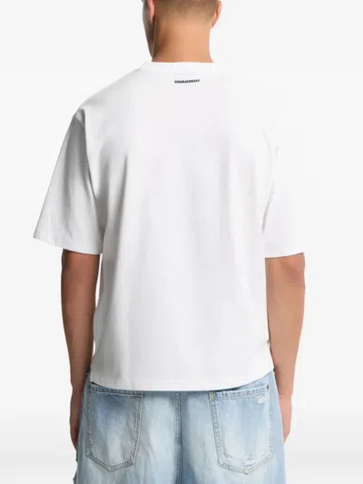 Dsquared2 Men White Crew Neck T-shirt With Raised Collar And Maxi Logo On The Front In Cotton Man In White