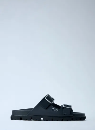 Prada Flat Sole Open Toe Leather Sandals In Black
