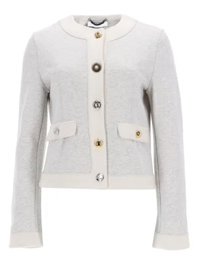Moschino Knit Cardigan Crew Neck Buttons Pockets Trim In Gray