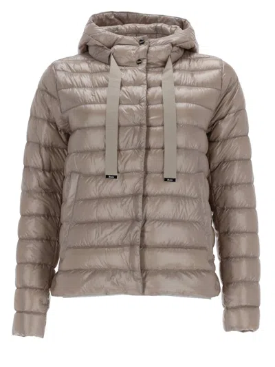 Herno Beige Down Jacket With Drawstring Hood And Logo Detail On The Drawstring In Tech Fabric Woman In Brown