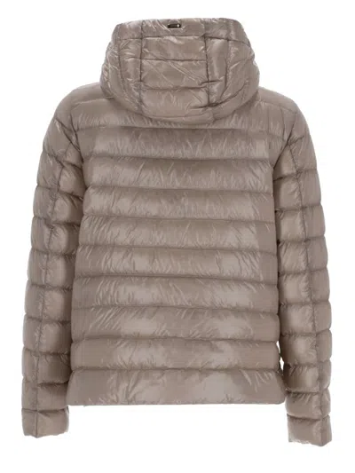 Herno Beige Down Jacket With Drawstring Hood And Logo Detail On The Drawstring In Tech Fabric Woman In Brown