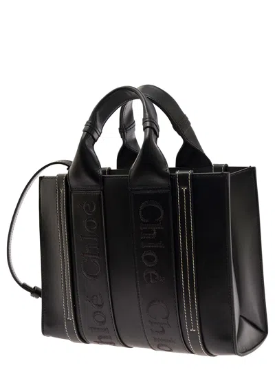 Chloé Small Woody Black Tote Bag With Tonal Logo Detail In Leather Woman In Black