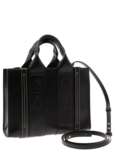 Chloé Small Woody Black Tote Bag With Tonal Logo Detail In Leather Woman In Black