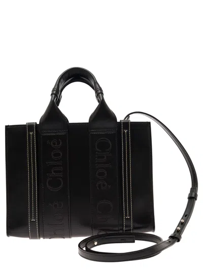 Chloé Small Woody Black Tote Bag With Tonal Logo Detail In Leather Woman In Black