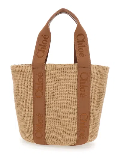 Chloé Woody Beige Tote Bag With With Shoulder Strap With Logo In In Woven Natural Fibers Woman In Brown