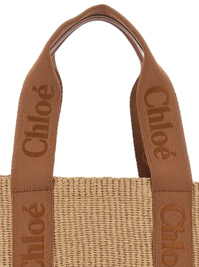 Chloé Woody Beige Tote Bag With With Shoulder Strap With Logo In In Woven Natural Fibers Woman In Brown
