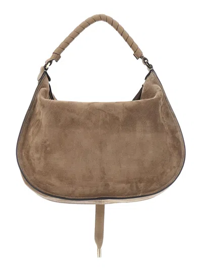 Chloé Marcie Medium Beige Shoulder Bag With Logo Lettering On The Front In Suede Woman In Brown