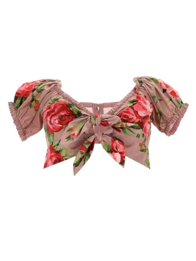 Dolce & Gabbana Pink Crop Top With Floral Print And Double Knot In Cotton Woman In Pink