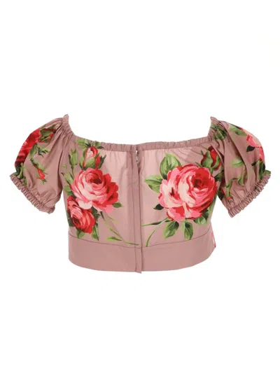 Dolce & Gabbana Pink Crop Top With Floral Print And Double Knot In Cotton Woman In Pink