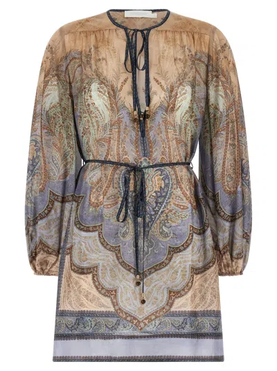 Zimmermann Long Sleeve V-neck Paisley Dress Tie Detail In Neutral
