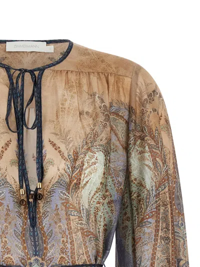 Zimmermann Long Sleeve V-neck Paisley Dress Tie Detail In Neutral