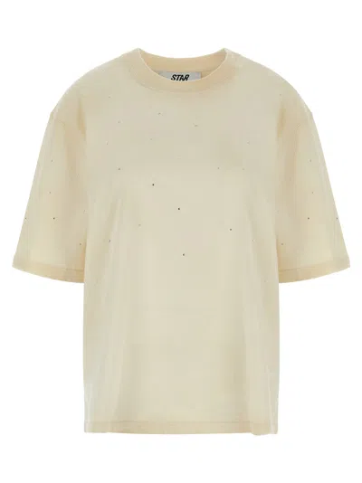 Golden Goose White Crewneck Rhinestoned T-shirt With Print On The Rear In Cotton Woman In Neutral