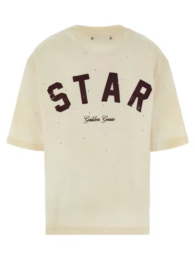 Golden Goose White Crewneck Rhinestoned T-shirt With Print On The Rear In Cotton Woman In Neutral