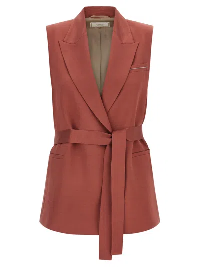 Peserico Linen Viscose Tailored Vest Belt Waist In Brown