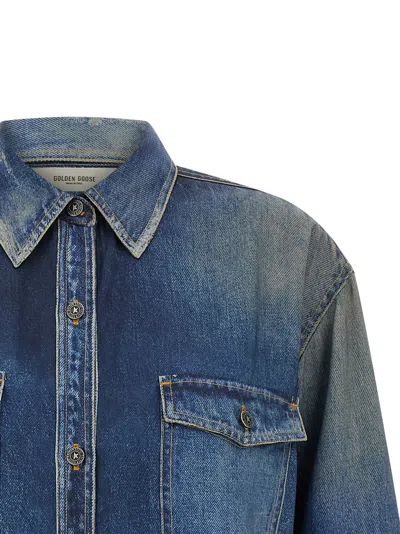 Golden Goose Deluxe Brand Women Oversized Shirt With Denim Print In Blue