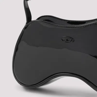 Diesel Play Patent-leather Curved Shoulder Bag In Black