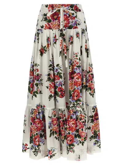 Dolce & Gabbana White Long Skirt With Floral Print And Elasticated Waistband In Cotton Woman In Multi