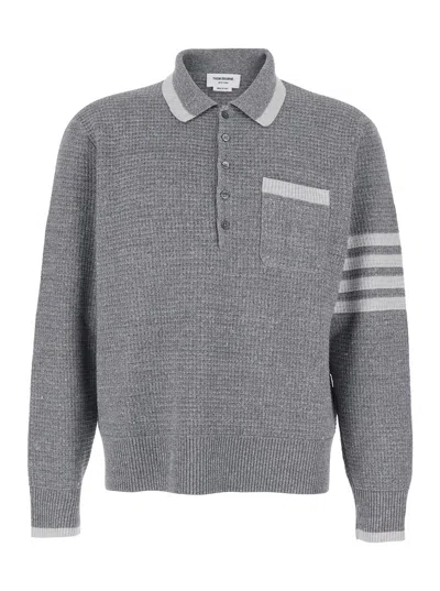 Thom Browne Grey Polo Shirt With 4-bar Detail On The Sleeve In Wool And Silk Blend Man In Multi