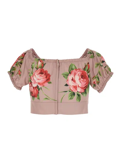 Dolce & Gabbana Pink Crop Top With Floral Print And Double Knot In Cotton Woman In Pink