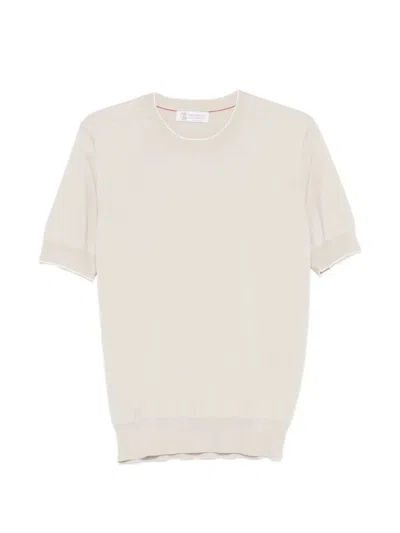 Brunello Cucinelli Men Cotton Lightweight Knit T-shirt With Contrast Details In Nude