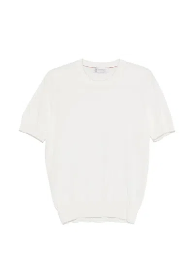 Brunello Cucinelli Men Cotton Lightweight Knit T-shirt With Contrast Details In White