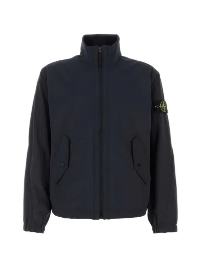 Stone Island Stretch Polyester Jacket Elastic Cuffs High Collar In Blue
