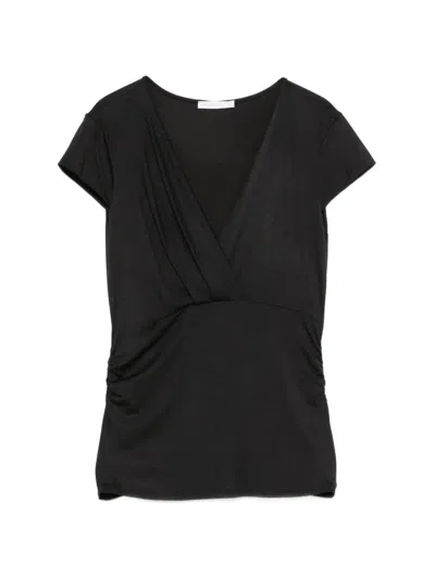 Patrizia Pepe V-neck Draped Modal T-shirt In Black