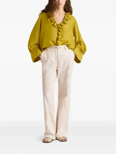 Momoní Ruffled V-neck Blouse In Green