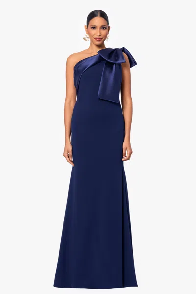 Betsy & Adam Long Scuba Crepe Dress With Satin Bow In Navy In Blue