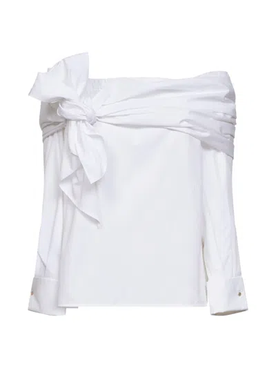 Max Mara Off-the-shoulder Tie-detailed Gathered Cotton-poplin Blouse In Multi