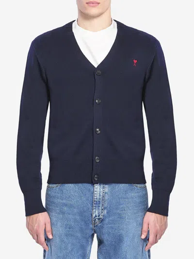 Ami Alexandre Mattiussi Ami Paris Men Blue Cardigan With V Neck And Adc Embroidery On The Front In Wool Blend Man