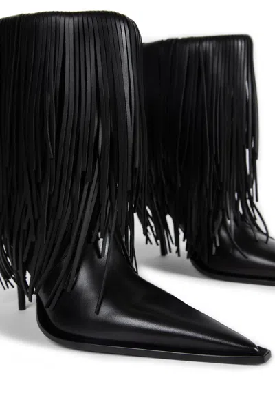 Balenciaga Avenue Fringe Ankle Boots Pointed Toe Pull Tab In Black