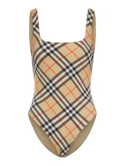 Burberry Scoop Neckline Sleeveless Checkered Beach Bodysuit In Brown