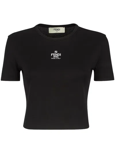 Fendi Women T-shirt A Coste Cropped Con Dettaglio Logo In Cotone Stretch Nero Donna In Black