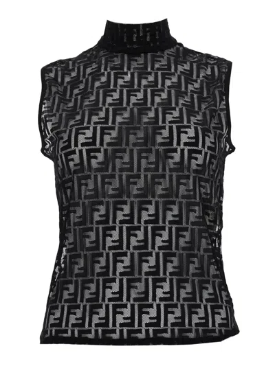 Fendi Women Black Crewneck Sleeveless Top With All-over Ff Motif And Rear Zip Closure In Tech Fabric