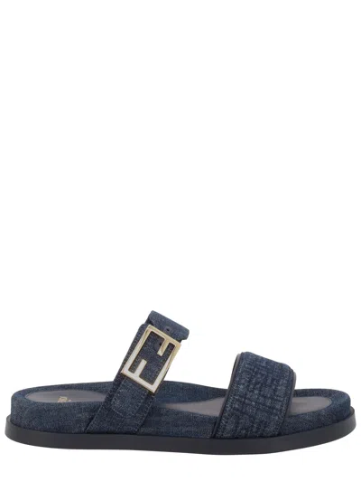 Fendi Double-band Embroidered Slides With Decorative Buckle In Multi
