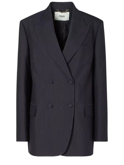 Fendi Women Blue Double-breasted Jacket With Peak Revers And Pinstripe Motif In Wool Blend Woman In Blue