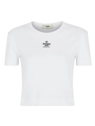 Fendi Women White Ribbed Crop T-shirt With Logo Embroidery In Cotton Woman
