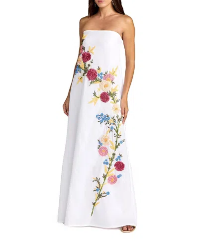 Mac Duggal Floral Embroidered Linen Strapless Trapeze Gown In White