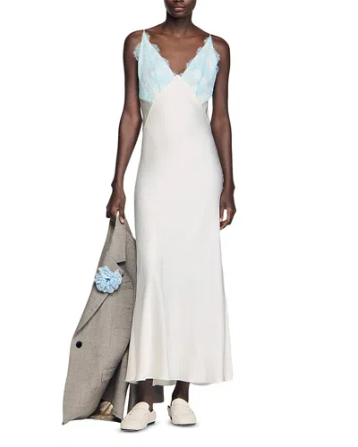 Sandro Womens Ecru V-neck Lace-trim Satin Maxi Dress In Nude